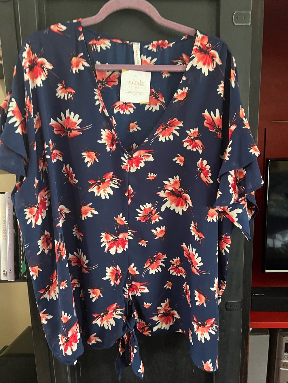 Emerald Navy Floral Tie-Front V-Neck Blouse